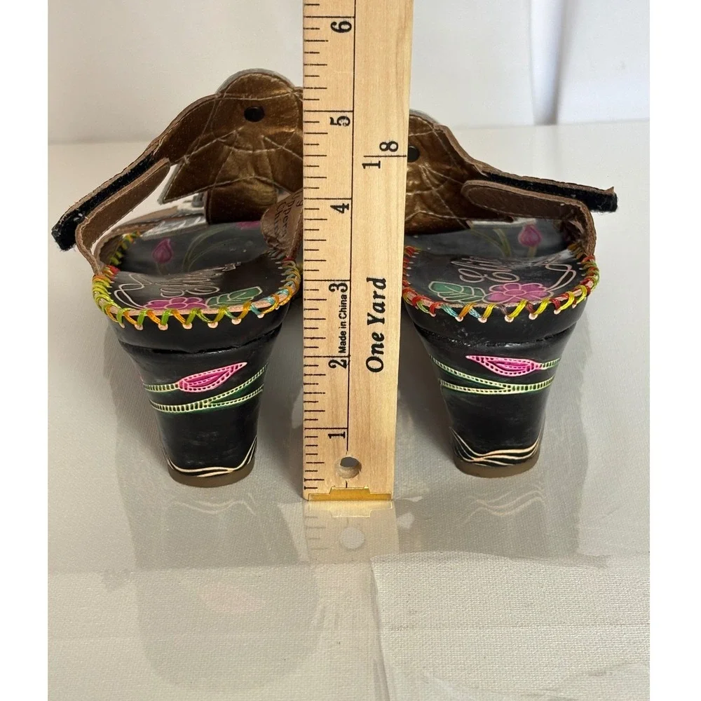 Elite‎ by Corkys Cactus Floral Leather Wedge Sandals Black Art US 9 EU 39